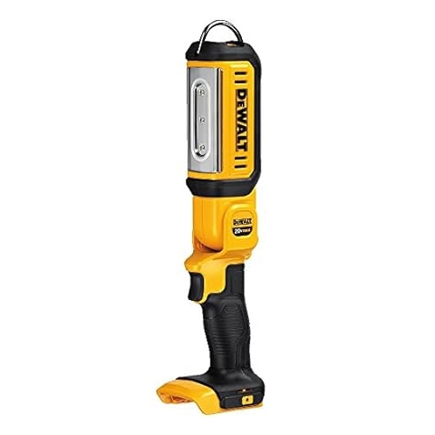 A DeWalt 20V cordless LED work light featuring a sturdy handle and a hook for hanging, designed for portable and efficient lighting in workspaces.