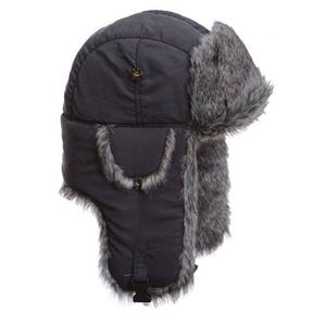 A black trapper hat with gray faux fur lining. It features ear flaps and a chin strap for added warmth and protection.