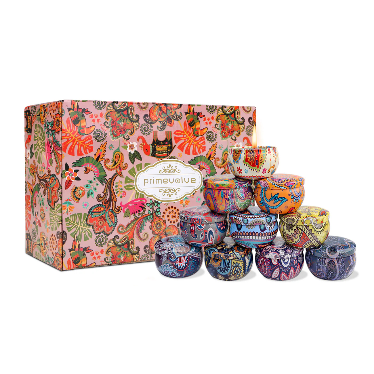 A set of 12 scented candles in decorative tins with colorful, intricate patterns, accompanied by a matching gift box with similar designs. The brand name \“primevolve\“ is displayed on the box.