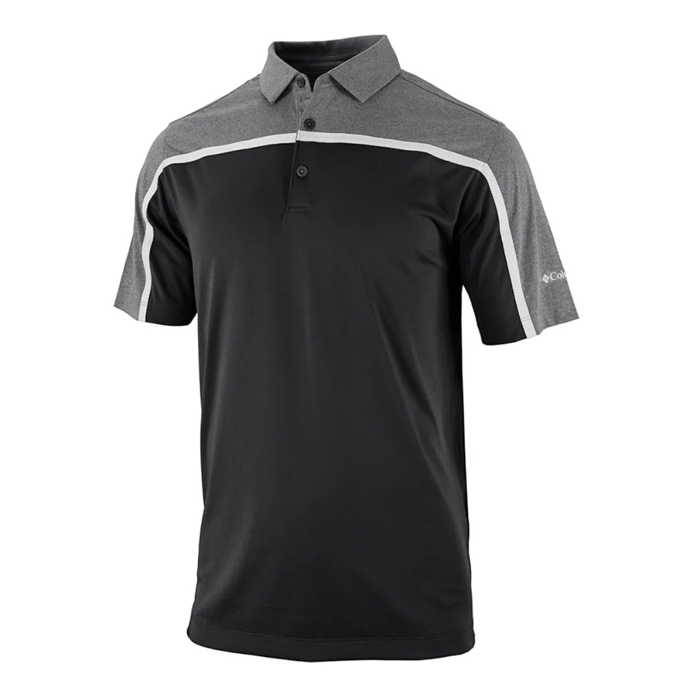 A short-sleeve polo shirt featuring a black body with gray shoulders and sleeves, accented by white trim and button placket.