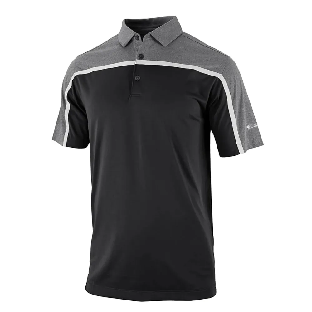 A short-sleeve polo shirt featuring a black body with gray shoulders and sleeves, accented by white trim and button placket.