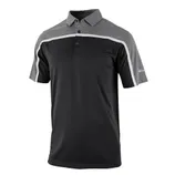 A short-sleeve polo shirt featuring a black body with gray shoulders and sleeves, accented by white trim and button placket.