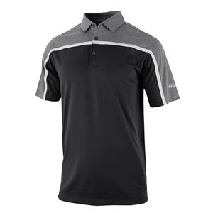A short-sleeve polo shirt featuring a black body with gray shoulders and sleeves, accented by white trim and button placket.