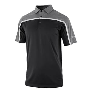 A short-sleeve polo shirt featuring a black body with gray shoulders and sleeves, accented by white trim and button placket.