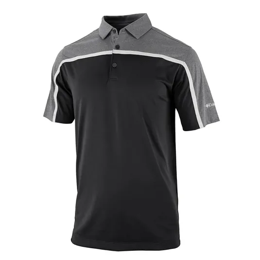 A short-sleeve polo shirt featuring a black body with gray shoulders and sleeves, accented by white trim and button placket.