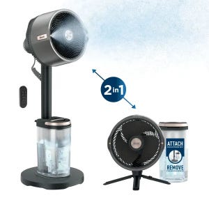 The Shark FlexBreeze Pro Mist Fan is a 2-in-1 device that functions as a stand fan with a misting feature and a portable tabletop fan, featuring detachable components for easy conversion and remote control operation.