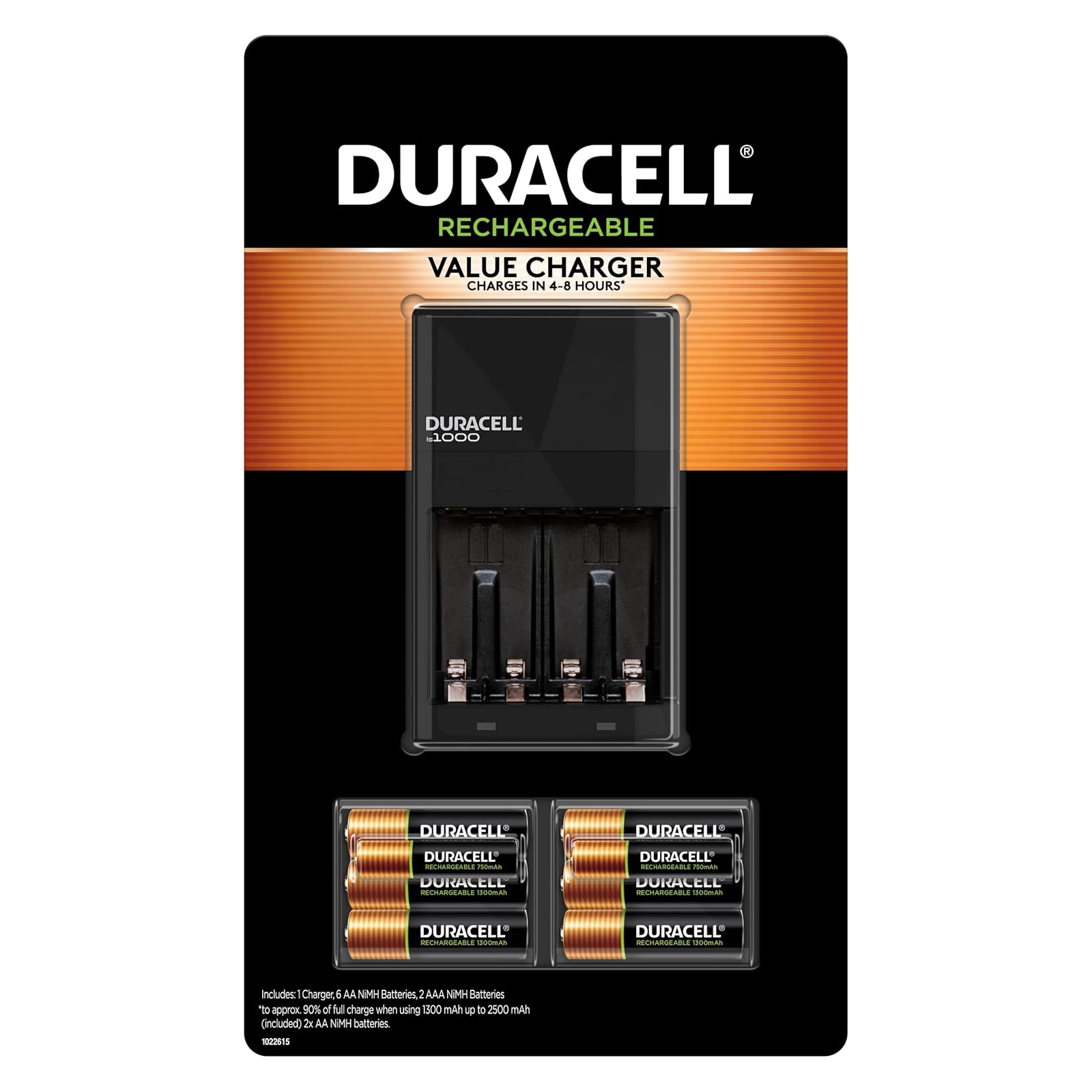 Duracell Rechargeable Value Charger includes 8 rechargeable NiMH batteries (6 AA, 2 AAA). The charger is designed for quick charging, taking 4-8 hours to reach up to 90% charge.