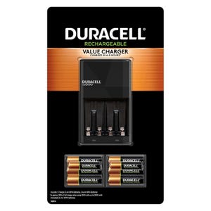 Duracell Rechargeable Value Charger includes 8 rechargeable NiMH batteries (6 AA, 2 AAA). The charger is designed for quick charging, taking 4-8 hours to reach up to 90% charge.