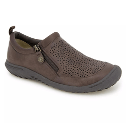 Brown slip-on shoe with perforated floral design, side zipper, and a durable rubber sole.