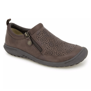 Brown slip-on shoe with perforated floral design, side zipper, and a durable rubber sole.