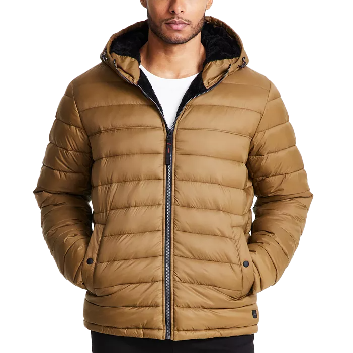 A tan Hawke & Co. Sherpa-Lined Hooded Coat, featuring horizontal quilted stitching, a front zipper, snap-button pockets, and a warm sherpa lining with a hood.