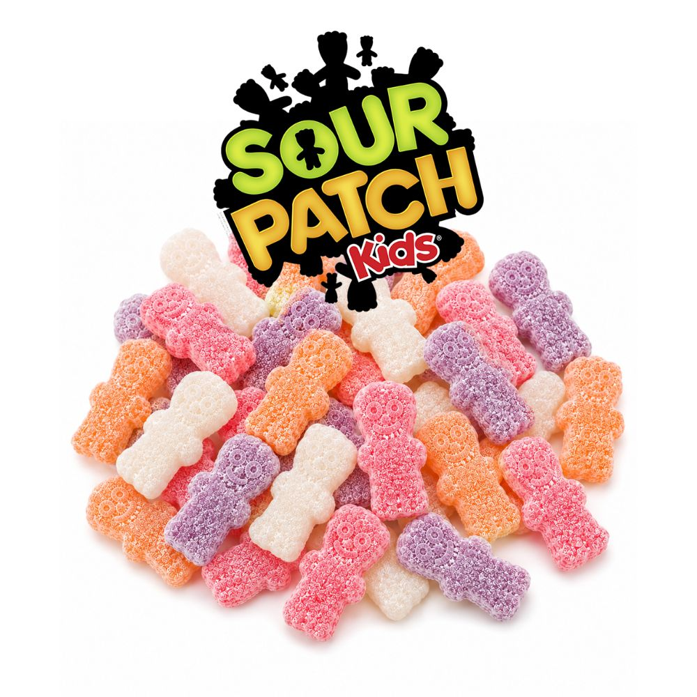 Sour Patch Kids in assorted colors and flavors are shown. The candies have a rough sugar coating and resemble little figures, with a logo displayed above them.