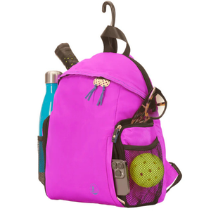 A purple backpack with mesh side pockets, containing a water bottle, tennis racket, sunglasses, and a green ball, and featuring a hook at the top for hanging.