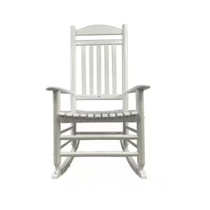 White wooden outdoor rocking chair with a slatted back and seat, armrests, and curved rockers. Simple and classic design suitable for relaxing on a porch or patio.