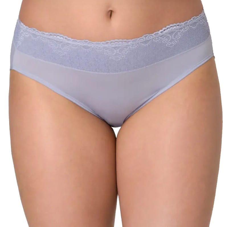 A pair of light purple women’s briefs featuring a lace waistband design.
