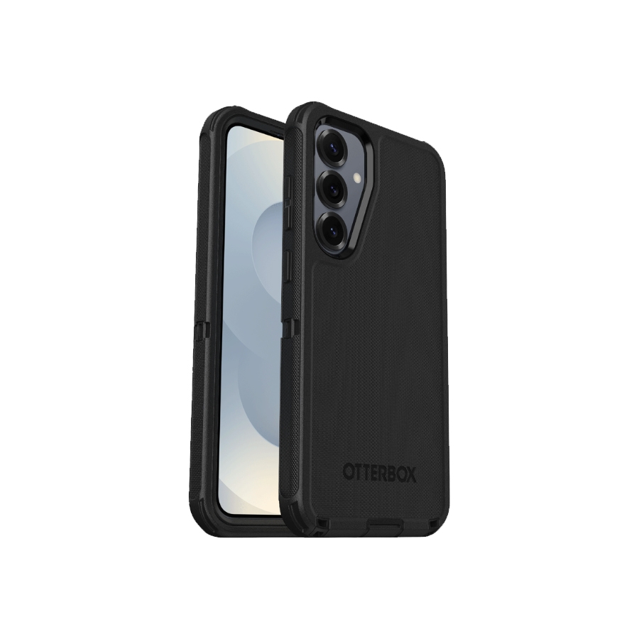 Otterbox black phone case designed for a smartphone with a triple camera setup, offering protection and durability.