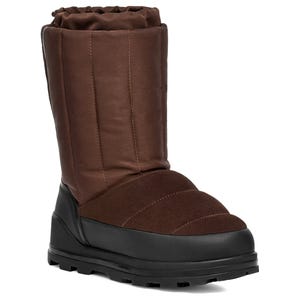 Brown winter boot with a padded suede upper, a durable black rubber sole, and a drawstring closure at the top. Ideal for cold weather.