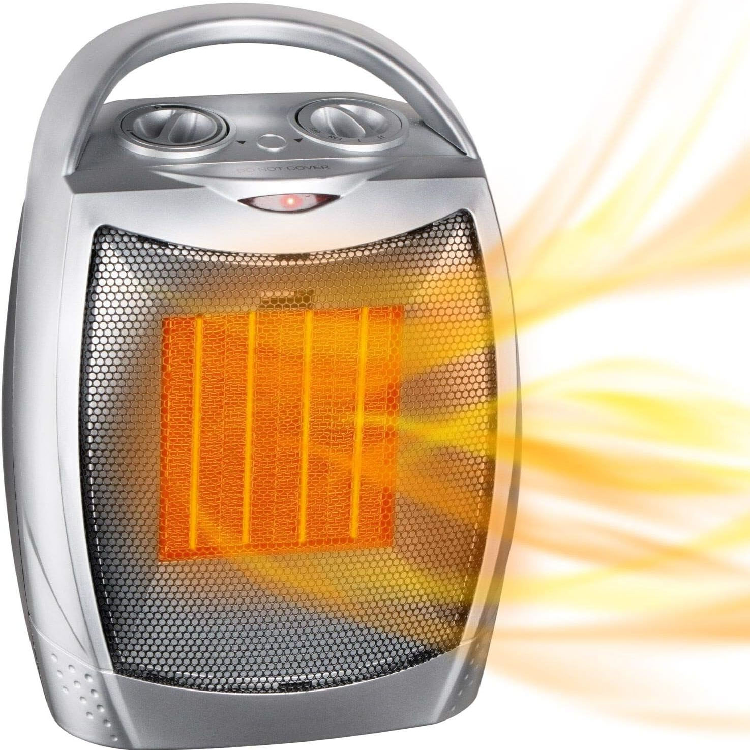 Portable electric space heater with a metallic finish, featuring adjustable knobs on top for temperature control and a front grill emitting warm, glowing heat.