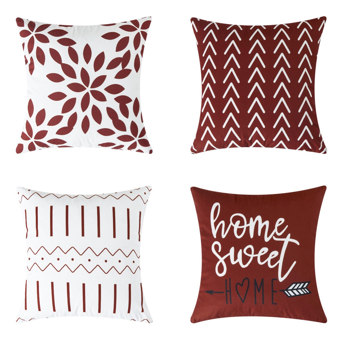 Four decorative pillows with geometric and text designs: one has a maroon floral pattern on white, another features white arrows on maroon, a third shows maroon zigzags and lines on white, and the fourth reads \“home sweet home\“ with a heart and arrow on maroon.