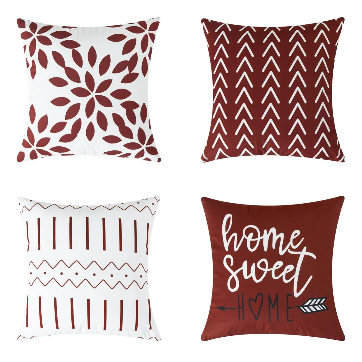 Four decorative pillows with geometric and text designs: one has a maroon floral pattern on white, another features white arrows on maroon, a third shows maroon zigzags and lines on white, and the fourth reads \“home sweet home\“ with a heart and arrow on maroon.