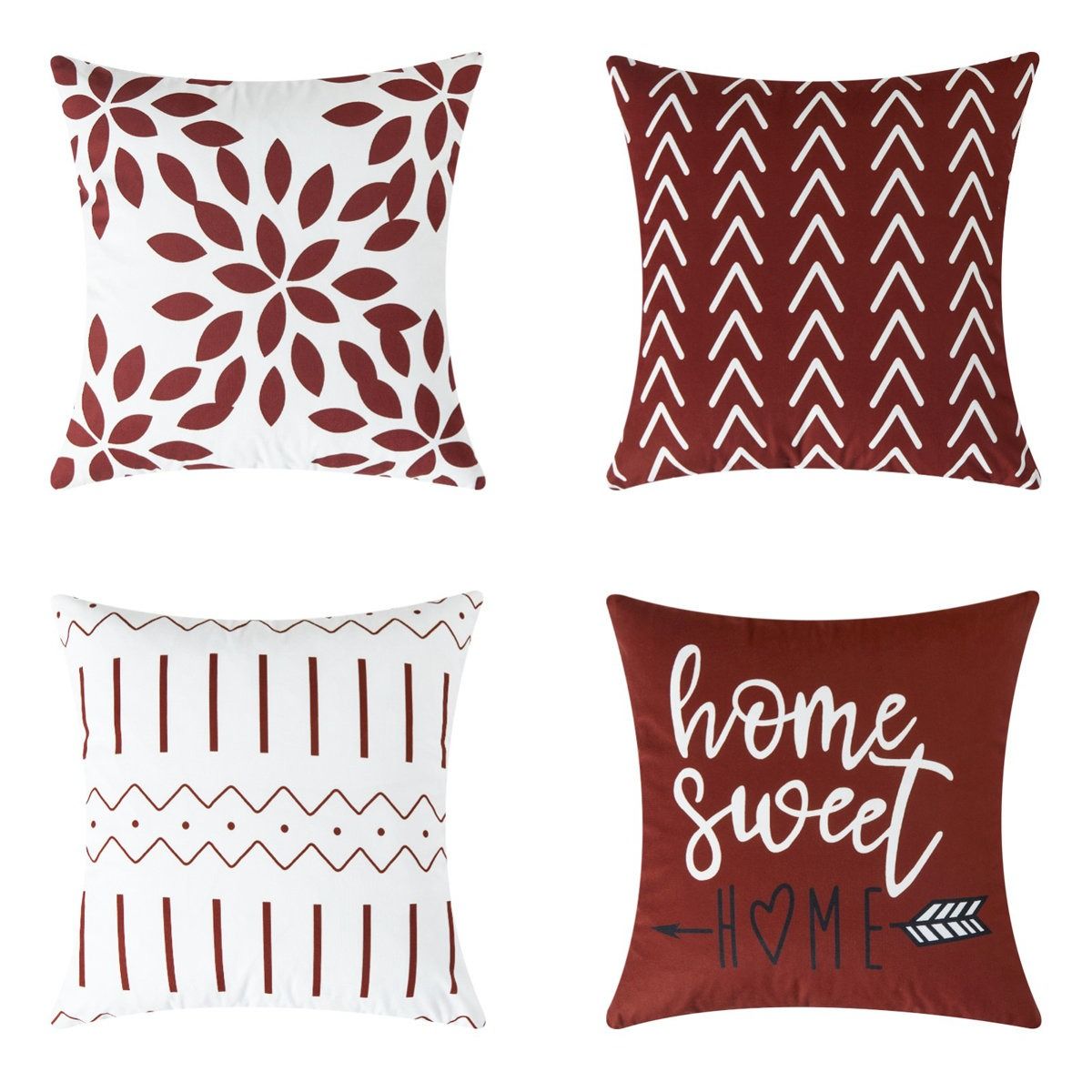Four decorative pillows with geometric and text designs: one has a maroon floral pattern on white, another features white arrows on maroon, a third shows maroon zigzags and lines on white, and the fourth reads \“home sweet home\“ with a heart and arrow on maroon.