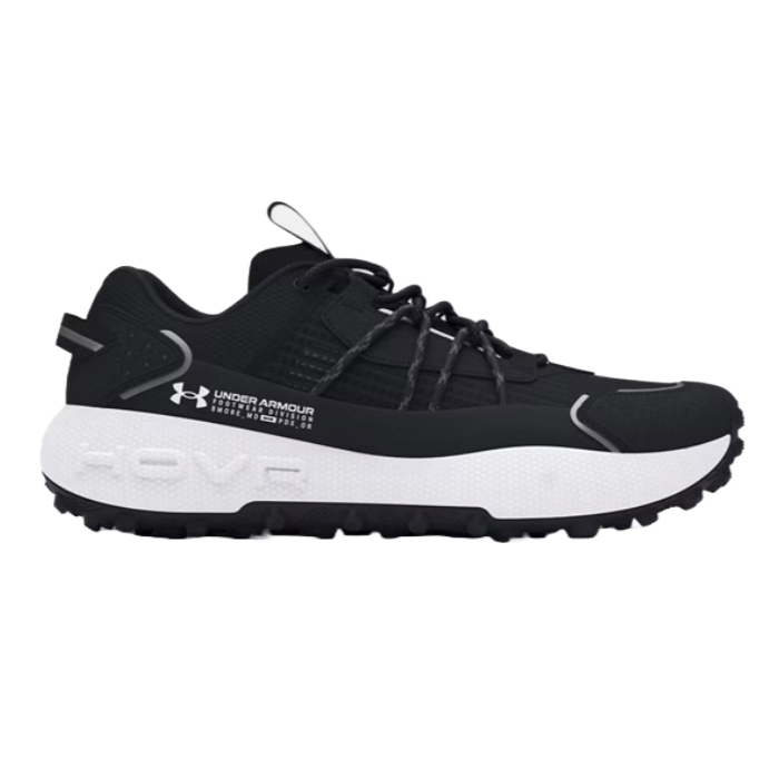 Black and white Under Armour running shoe with a thick HOVR sole and detailed lacing system.
