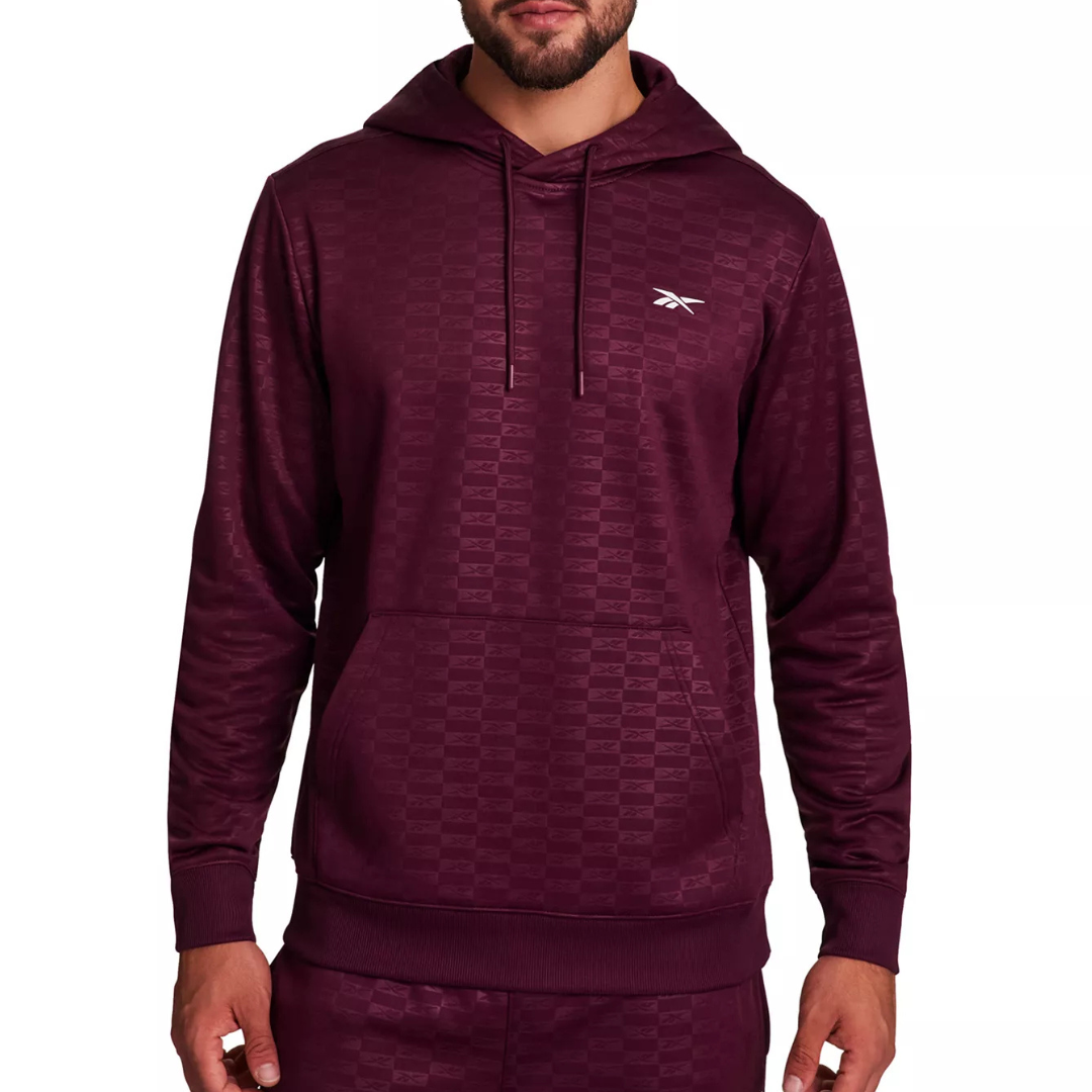 Maroon hoodie with a subtle pattern, featuring a small logo on the chest, drawstrings, and a front pocket.