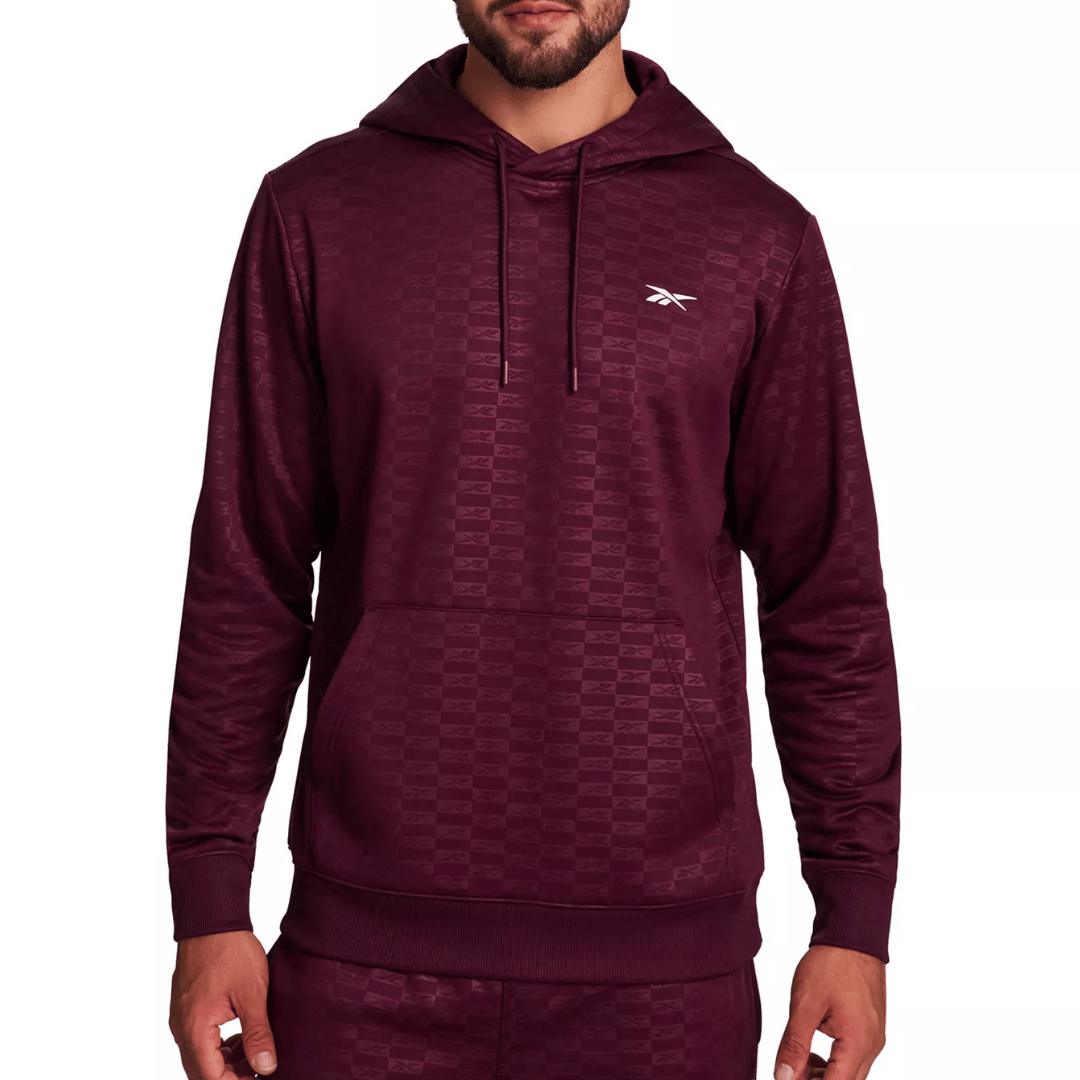 Maroon hoodie with a subtle pattern, featuring a small logo on the chest, drawstrings, and a front pocket.