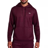 Maroon hoodie with a subtle pattern, featuring a small logo on the chest, drawstrings, and a front pocket.