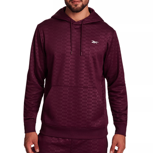 Maroon hoodie with a subtle pattern, featuring a small logo on the chest, drawstrings, and a front pocket.