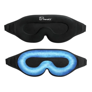 A black and blue TheraICE gel eye mask designed for hot and cold therapy, featuring an adjustable strap.