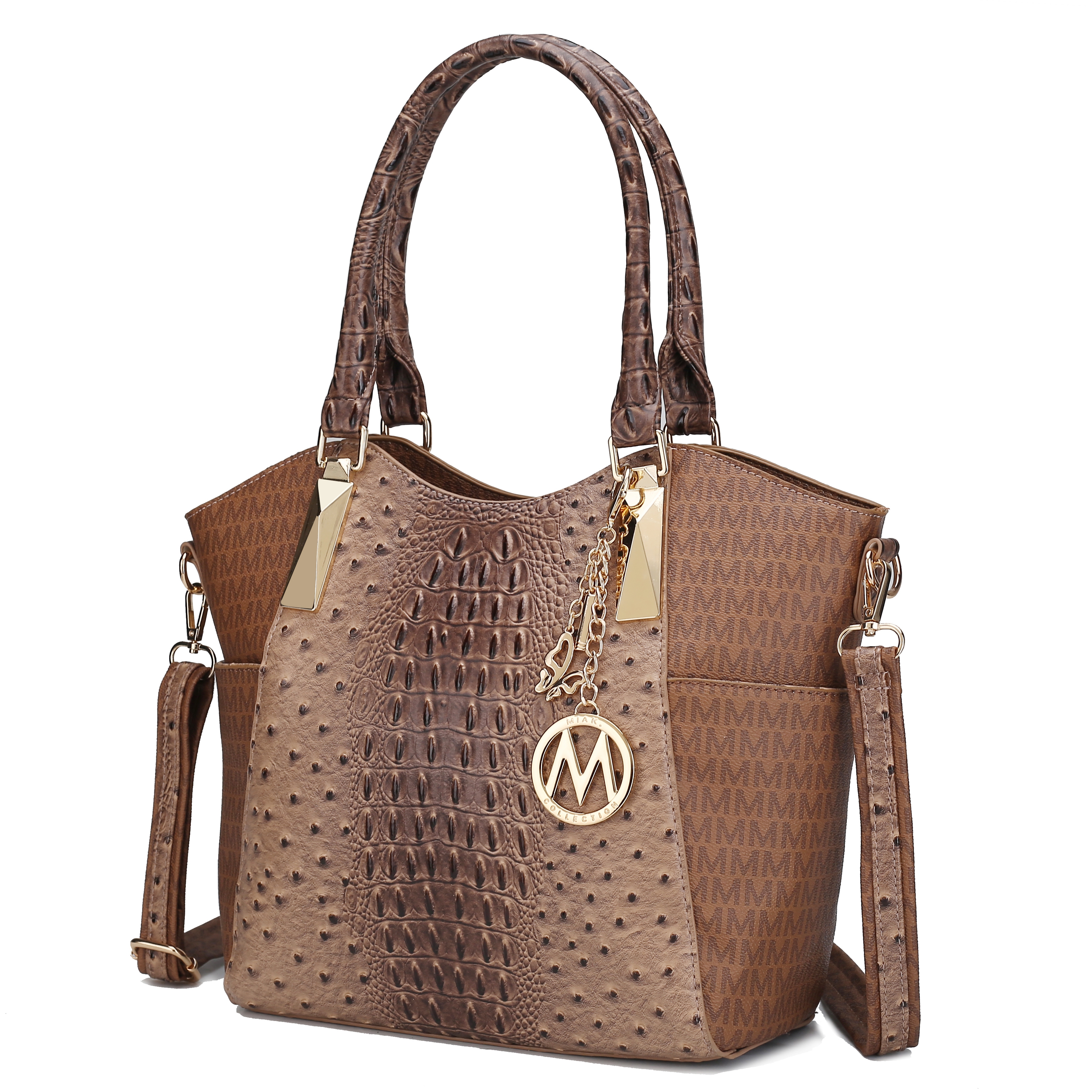 Brown handbag with textured leather featuring alligator and ostrich patterns, gold-tone hardware, an 'M' pendant, double handles, and a detachable shoulder strap.