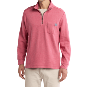 A red Tommy Bahama Half Zip Pullover featuring a quarter-zip collar, a chest pocket with a button detail, and long sleeves, paired with beige pants.