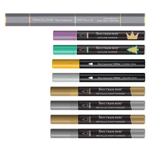 Spectrum Noir markers set includes Tri-Colour Metallic, Spectrum Noir Outline Markers, Glitter Markers in Golden Glow and Moonlit Silver, and Metallic Paint Markers in gold and silver tones.