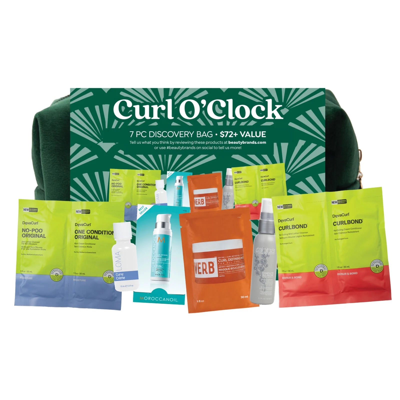 Curl O'Clock 7 PC Discovery Bag includes products from DevaCurl, Moroccanoil, VERB, and more for curly hair care. It features shampoo, conditioner, curl cream, and treatments valued over $72.
