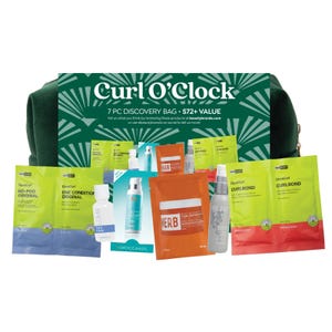 Curl O'Clock 7 PC Discovery Bag includes products from DevaCurl, Moroccanoil, VERB, and more for curly hair care. It features shampoo, conditioner, curl cream, and treatments valued over $72.