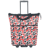 A wheeled tote bag with a retractable handle featuring a geometric pattern in red, black, and white.