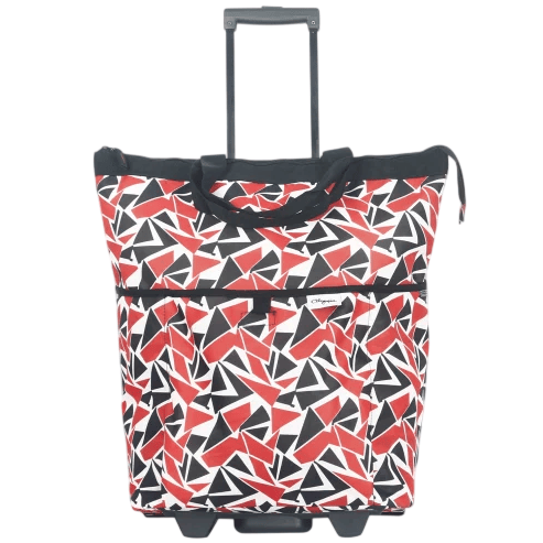 A wheeled tote bag with a retractable handle featuring a geometric pattern in red, black, and white.