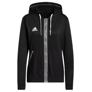 Black Adidas hoodie with a front zip, white drawstrings, and the Adidas logo on the chest. It features a hood and front pockets.