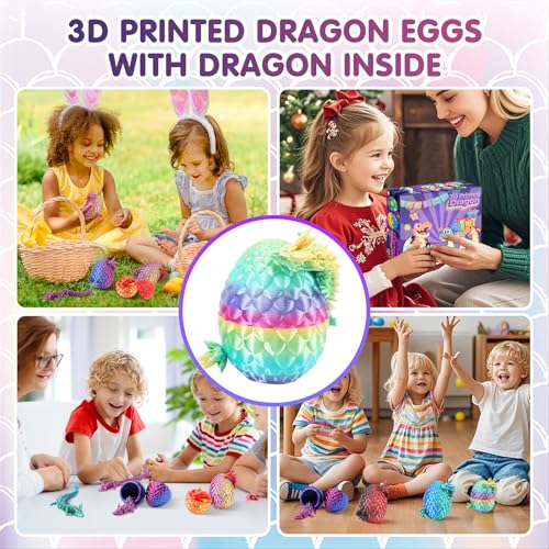 3D printed dragon eggs containing small dragons are shown alongside children enjoying playtime, featuring vibrant colors and playful, imaginative scenes.