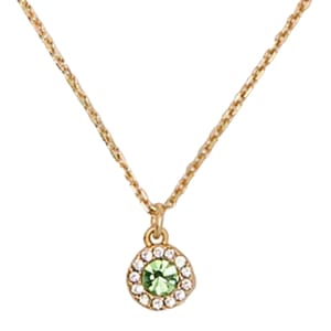 A gold chain necklace with a circular pendant featuring a central green gemstone, surrounded by white stones.
