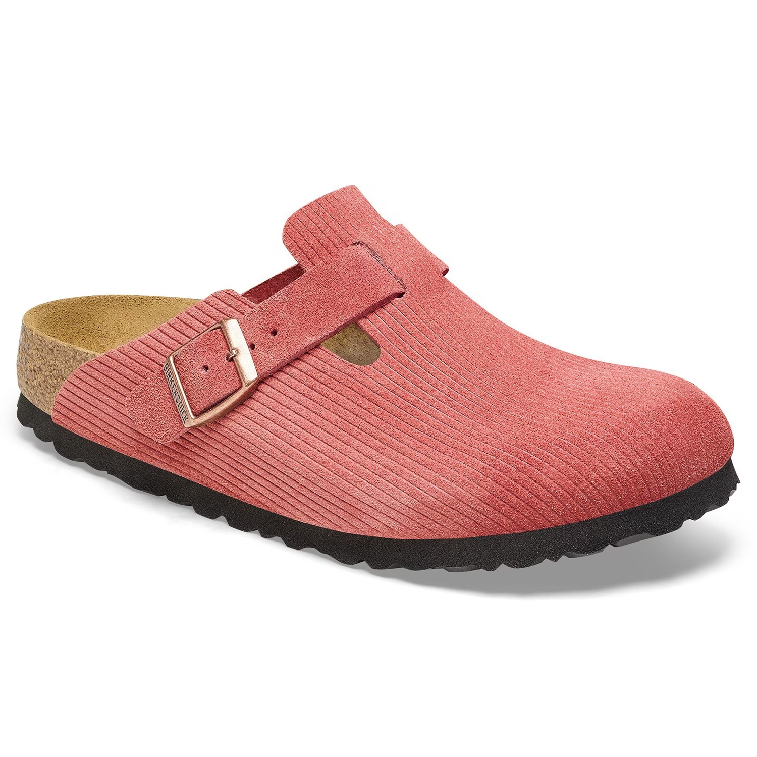 Pink suede clog-style shoe with a ribbed texture, an adjustable buckle strap, and cork footbed.