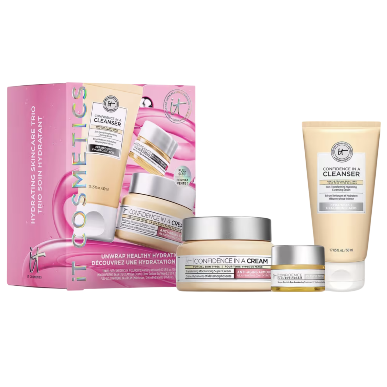 A set of IT Cosmetics \“Confidence\“ skincare products, including a cleanser, moisturizing cream, and eye cream, packaged in a pink box with branding and product images.