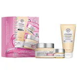 A set of IT Cosmetics \“Confidence\“ skincare products, including a cleanser, moisturizing cream, and eye cream, packaged in a pink box with branding and product images.