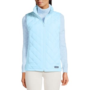 A light blue quilted vest designed for women, featuring a front zipper and high collar, layered over a speckled long-sleeve turtleneck.