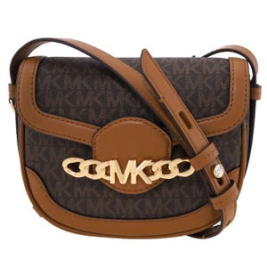 A Michael Kors Embellished Logo Crossbody bag features a brown and dark monogram pattern with gold-tone chain and MK logo detailing on the front flap, complemented by brown leather accents and a matching shoulder strap.