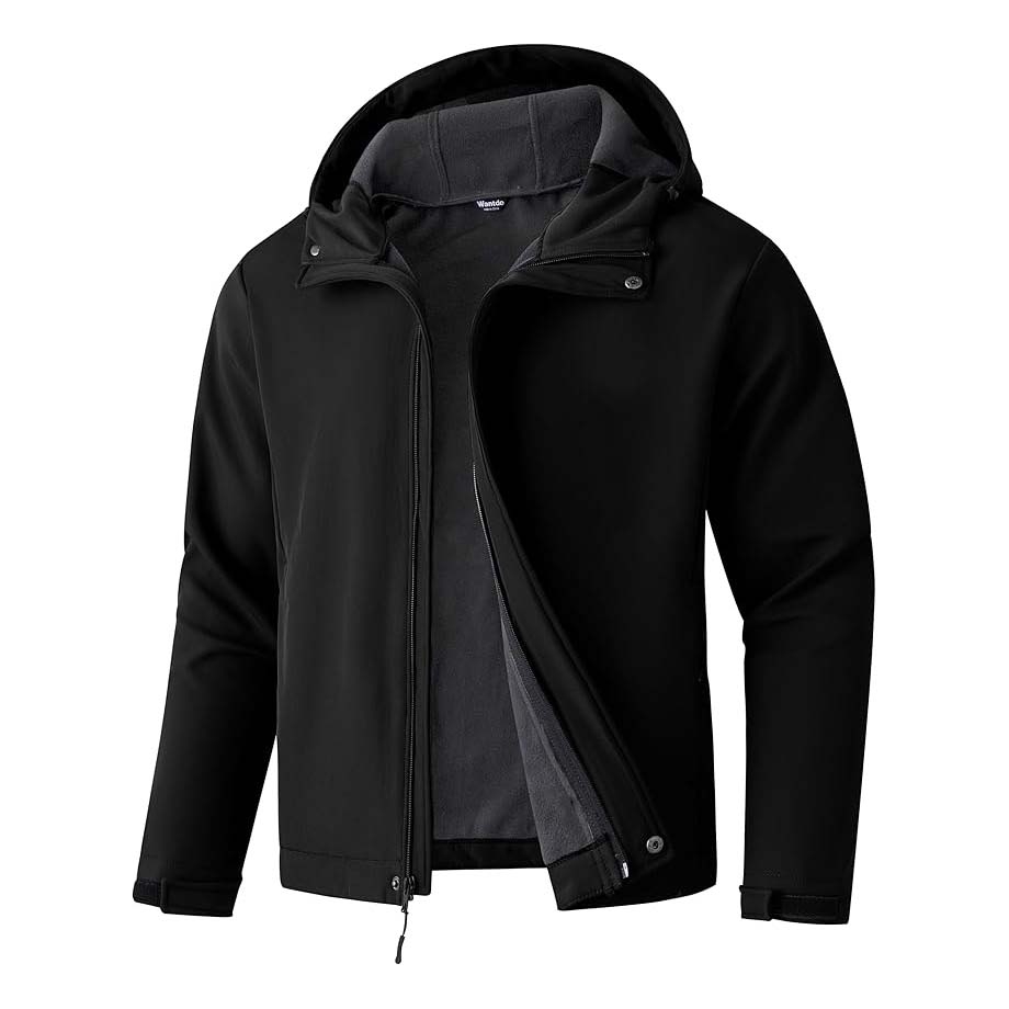 A black hooded jacket with a zip closure, featuring a fleece lining for warmth and adjustable cuffs for a snug fit.
