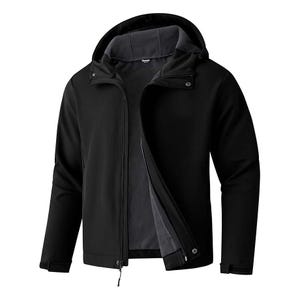 A black hooded jacket with a zip closure, featuring a fleece lining for warmth and adjustable cuffs for a snug fit.