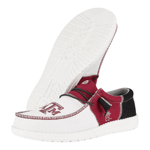 Casual shoes with a Texas A&M University theme, featuring the logo on the front, a combination of maroon, white, and black colors, and a textured white sole.