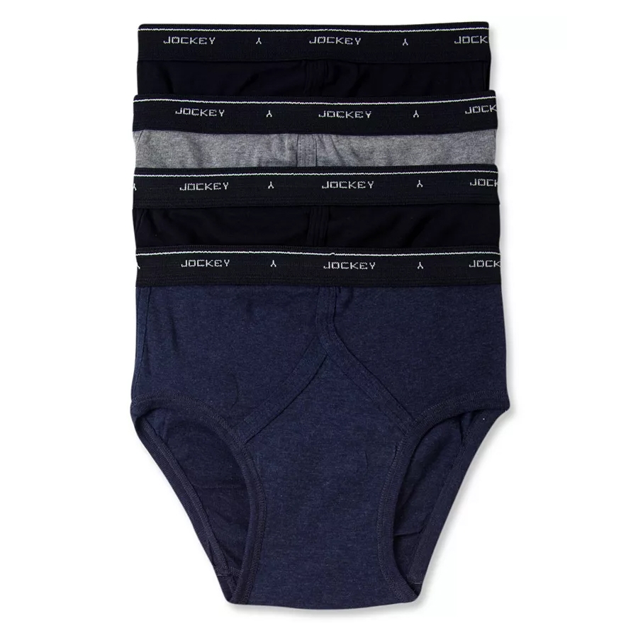 Pack of five Jockey men's briefs in shades of black, gray, and navy, featuring a branded waistband.